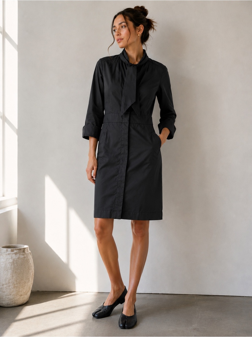 Club Monaco Black Tie Neck Shirt Dress Vintage 2000s Above Knee 3/4 Sleeve Sz 8